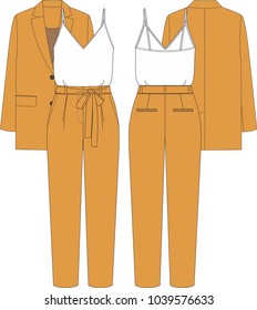 Fashion illustration. Women set: top, jacket and tousers with bow. Technical drawing vector