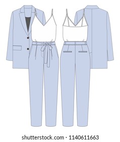 Fashion illustration. Women set: top, jacket and tousers with bow. Technical drawing vector