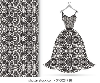 Fashion illustration, women's black lacy dress on a hanger, hand drawn seamless floral geometric pattern, design elements for Invitations or Cards, repeating fabric texture