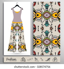 Fashion illustration, women's blouse and trousers  on a hanger and seamless floral geometric pattern. Handbags, shoes, glasses icons set, isolated elements for print or cards design