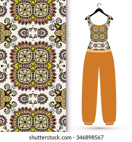 Fashion illustration, women's blouse and trousers on a hange and seamless pattern with repeating fabric texture. Hand drawn isolated elements for scrapbook, invitations or cards design.