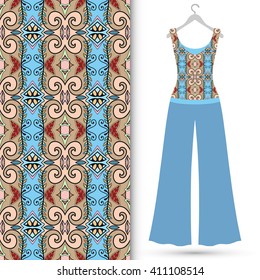 Fashion illustration, women's blouse and trousers on a hanger, hand drawn seamless floral geometric pattern, elements for invitation card design, repeating fabric texture