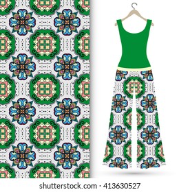 Fashion illustration, women's blouse and trousers on a hanger, seamless floral geometric pattern, fabric repeating texture. Isolated element for fabric print, scrapbook or invitation cards design.