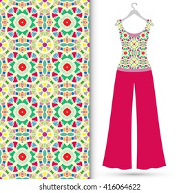 Fashion illustration, women's blouse and trousers on a hanger, hand drawn seamless floral geometric pattern, elements for invitation card design, repeating fabric texture