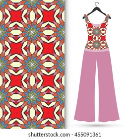 Fashion illustration, women's blouse and trousers on a hanger, hand drawn seamless floral geometric pattern, elements for invitation card design, repeating fabric texture