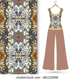 Fashion illustration, women's blouse and trousers on a hanger, hand drawn seamless floral geometric pattern, elements for invitation card design, repeating fabric texture