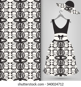 Fashion illustration, women's hat and black lacy dress on a hanger, hand drawn seamless geometric pattern, design elements for Invitations or Cards, repeating fabric texture