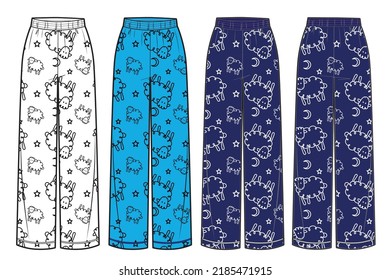 Fashion illustration of women's pants pajamas with the sheep pattern.