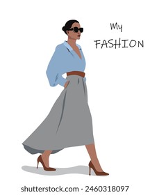 fashion illustration. Young girl wearing black glasses. Style and fashion. Young girl in skirt and heeled shoes. Vector illustration. Street fashion. 