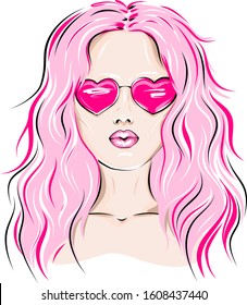 Fashion illustration. Young woman with pink hair wearing heart-shaped glasses, making a kiss. Vector EPS 10.