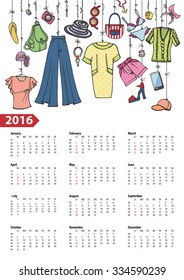 Fashion illustration.Calendar 2016 new year.Vector hand drawn  fashionable women  clothes and accessories hanging on rope.Background, design template.Summer vacation wear