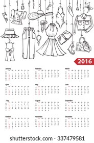 Fashion illustration.Calendar 2016 new year.Vector hand drawn  fashionable women  clothes and accessories hanging on rope.Background, design template.Summer vacation wear