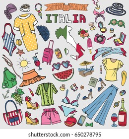 Fashion illustration.Italy.Vector Women summer vacation.Dress,clothes,accessories. Hand drawing fashionable doodle background,summer party set.Isolated 