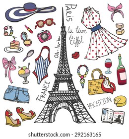 Fashion illustration.Paris France Eiffel tower.Women summer  dress,clothes,accessories,symbol.Hand drawing fashionable Vector  background,summer party ,vacation set.Isolated Sketches,design template