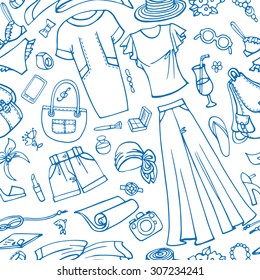 Fashion illustration,seamless pattern.Summer vacation women wear.Vector hand drawn doodle,fashionable travel clothes,dress and accessories  background.Sketches ornament,textile,wallpaper or backdrop.