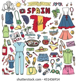 Fashion illustration.Spain.Vector Women summer vacation wardrobe.Dress,clothes,accessories. Hand drawing fashionable doodle background,summer party set.Isolated Sketches,design template