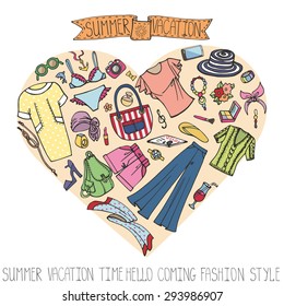 Fashion illustration.Summer vacation women wear.Vector hand drawn fashionable clothes,dress  and accessories in heart composition.Retro Sketches for scrapbooking,design template,background.