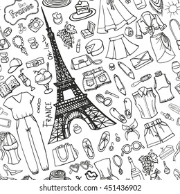 Fashion illustration,summer wardrobe seamless pattern.Paris, France,Eiffel tower background.Vector fashionable women clothes,accessories.Vector hand drawing background,summer party ,vacation Sketches