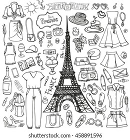 Fashion illustration,summer wardrobe.Paris, France, Eiffel tower.Vector fashionable women  clothes,accessories,symbol.Hand drawing background,summer party ,vacation Isolated Sketches,design template