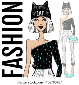 Fashion illustration.Vector girl.Sketch model. Beauty face. Young woman. Cute lady. Hipster teenager. Cartoon drawing. Stylish people. Spring-summer outfit. Fashionable chick.