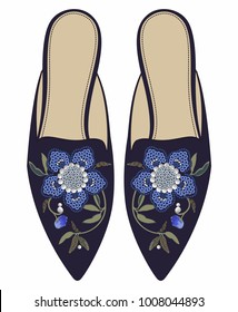 Fashion illustriation. Women mules with embroidery vector. Technical drawing