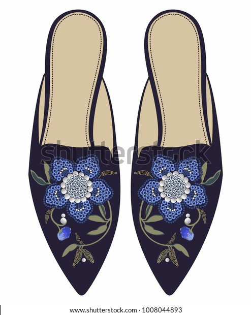Fashion illustriation. Women mules with\
embroidery vector. Technical\
drawing