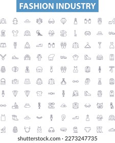 Fashion industry line icons, signs set. Fashion, Industry, Clothing, Style, Trend, Apparel, Retail, Design, Accessories outline vector illustrations.