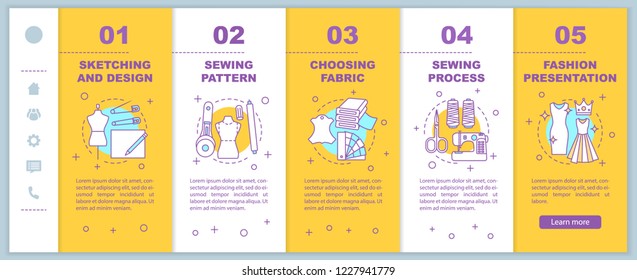 Fashion industry onboarding mobile web pages vector template. Sewing. Responsive smartphone website interface idea with linear illustrations. Tailoring. Webpage walkthrough step screens. Color concept