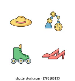 Fashion industry RGB color icons set. Woman summer hat. Commercial business. Income from investment. Roller skates for sport and recreation. High heels. Isolated vector illustrations