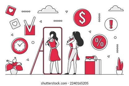 Fashion industry sale. Women shopping, seasonal clothing sale, offer discount vector monocolor illustration