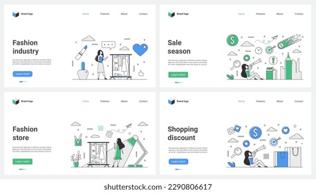Fashion industry, season sales in retail store, discounts and shopping set vector illustration. Cartoon tiny girls buy clothes online using shops mobile app, try on dresses in boutique showroom