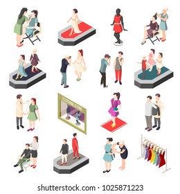 Fashion industry set of isometric icons with models on catwalk, photographer, stylist and visagiste isolated vector illustration