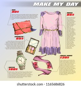 Fashion infographic with fashion accessories and text. Vector collection.