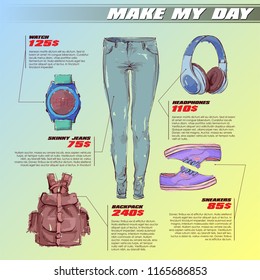 Fashion infographic with fashion accessories and text. Vector collection.