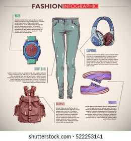 Fashion infographic with fashion accessories and text. Vector collection.