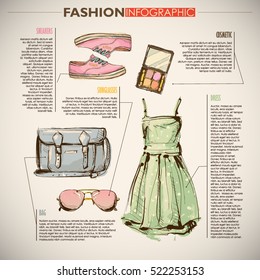 Fashion infographic with fashion accessories and text. Vector collection.