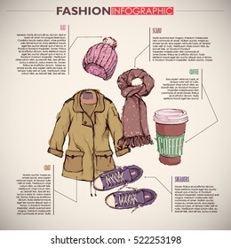 Fashion infographic with fashion accessories and text. Vector collection.