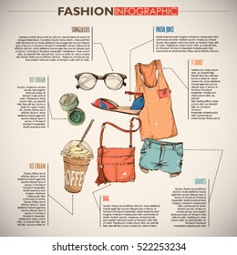Fashion infographic with fashion accessories and text. Vector collection.