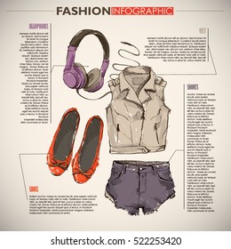 Fashion infographic with fashion accessories and text. Vector collection.