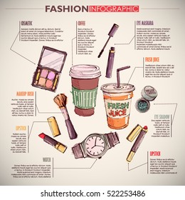 Fashion infographic with fashion accessories and text. Vector collection.