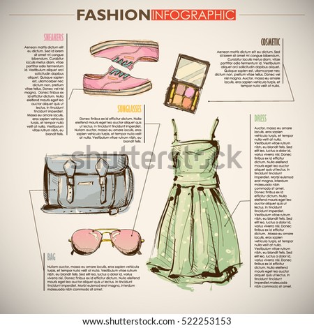 Fashion infographic with fashion accessories and text. Vector collection.