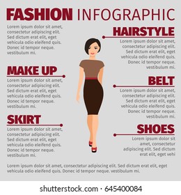 Fashion infographic with girl in a brown dress. Vector illustration