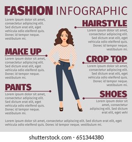 Fashion infographic with girl in spring clothes. Vector illustration
