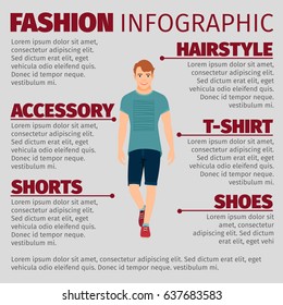 Fashion infographic with guy in summer clothes. Vector illustration