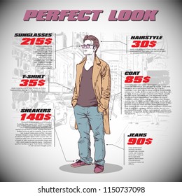 Fashion infographic with model and text. Vector collection.