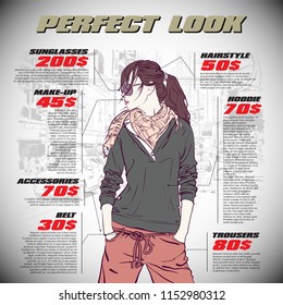 Fashion infographic with model and text. Vector collection.