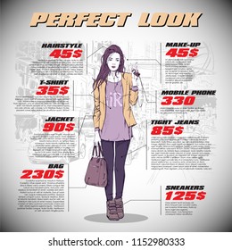 Fashion infographic with model and text. Vector collection.