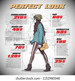 Fashion infographic with model and text. Vector collection.