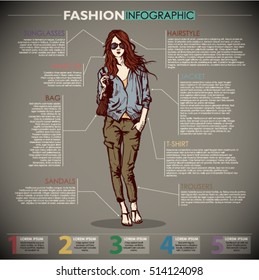 Fashion infographic with model and text. Vector collection. 