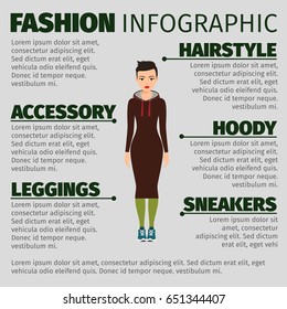 Fashion infographic with short haired girl in a long brown dress. Vector illustration